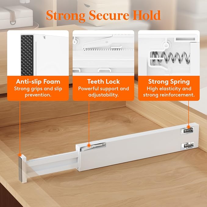 Lifewit 2.36" Upgrade Kitchen Drawer Dividers, Adjustable Drawer Organizer | 16"-22" Expandable White Drawer Separator for Clothes/Utensils, Dresser/Cabinet/Closet/Nursery Organization & Storage, 8 Pack - Image 2