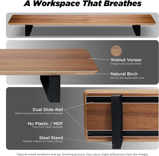 Moodular Wooden Monitor Stand Desk Organizer, Large 45.6" Walnut | Customizable Organized Workspace, Aluminum Slide Rails, 10 Add-Ons Sold Separately: Storage Drawer, Tablet, Phone & More - Image 3