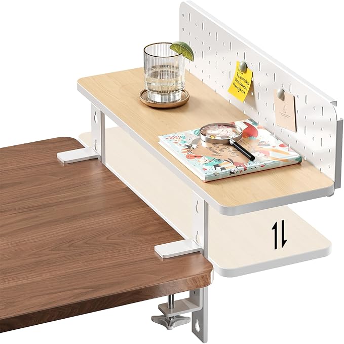 Clamp on Desk Extender Shelf, 22" Desk Riser with Pegboard | Heavy-Duty Side/Top Desk Organizer Shelf for Office Accessories, Monitor and Laptop Riser, Light Wood by JYLHJOYSEEKER