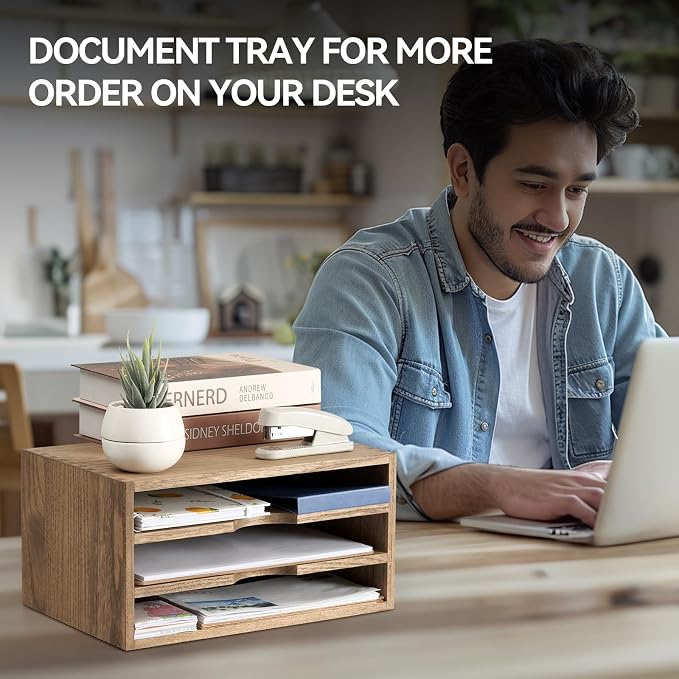 KIRIGEN Wooden Desk Organizer 3-Tier Letter Tray and Paper Sorter, Brown | Solid Wood Paper Tray Document Holder Organizer for Letters, Files, Folders, Mail, Magazines and Office Supplies - Image 7