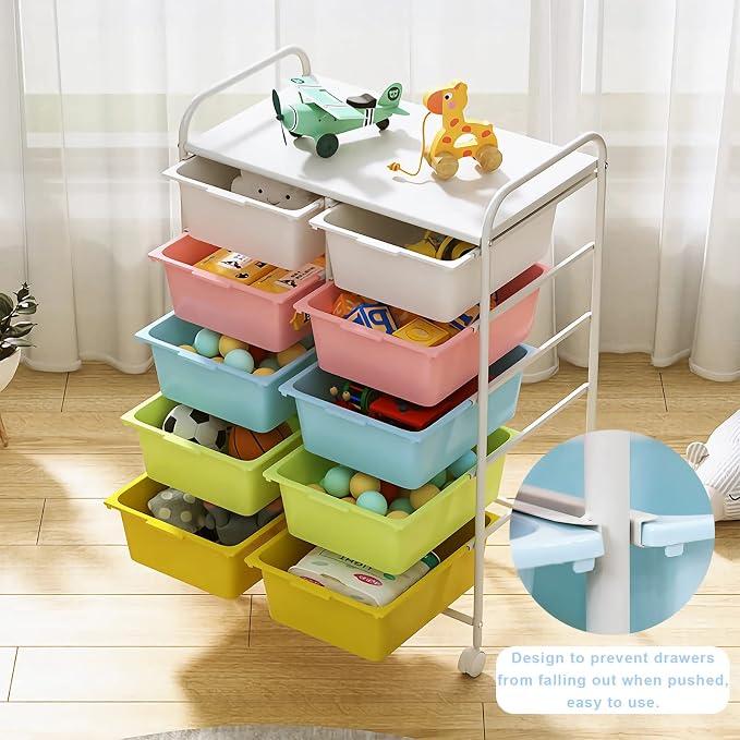 Ytaoka 10 Drawers Rolling Storage Cart, Plastic Drawer Cart with Metal Frame, Multipurpose Art Craft Cart Organizer with Wheels, Utility Cart with Drawers for Home, Office, School, Multicolor - Image 4