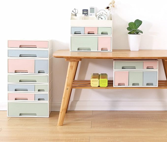 Makeup Organizer, Cosmetic Storage Box, ROSELIFE [TAEF-04] Desktop Stationery, Remote Control Storage Box, Kitchen Spices Organizer Box, 4 Pieces 6 Drawers, 5 Slots, Blue, Pink and Green Assortment - Image 4