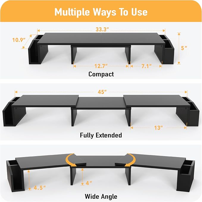 Simple Houseware Desk Dual Monitor Stand Riser with Drawer, Black | Customizable Organizer Tray, Built-In Phone & Tablet Slot and Side Storage - Image 3