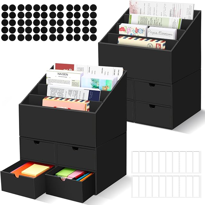 2 Sets Desktop Mail Organizer with Drawers, 4-Compartment Stepped Mail Sorter and 2-Drawer Storage Box for Bills, Letters, Envelopes, Papers, Home Office, Reception, Entryway and Mailroom by QLOUNI