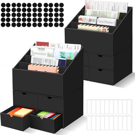 2 Sets Desktop Mail Organizer with Drawers, 4-Compartment Stepped Mail Sorter and 2-Drawer Storage Box for Bills, Letters, Envelopes, Papers, Home Office, Reception, Entryway and Mailroom by QLOUNI