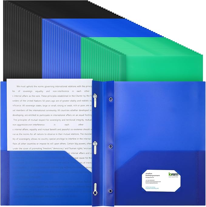 Cholemy 72 Packs Pocket Folders with Prongs Heavy Duty Plastic Folder with Business Card Slot 3 Prong Fasteners for School Office (Black,Blue,Green) by Cholemy