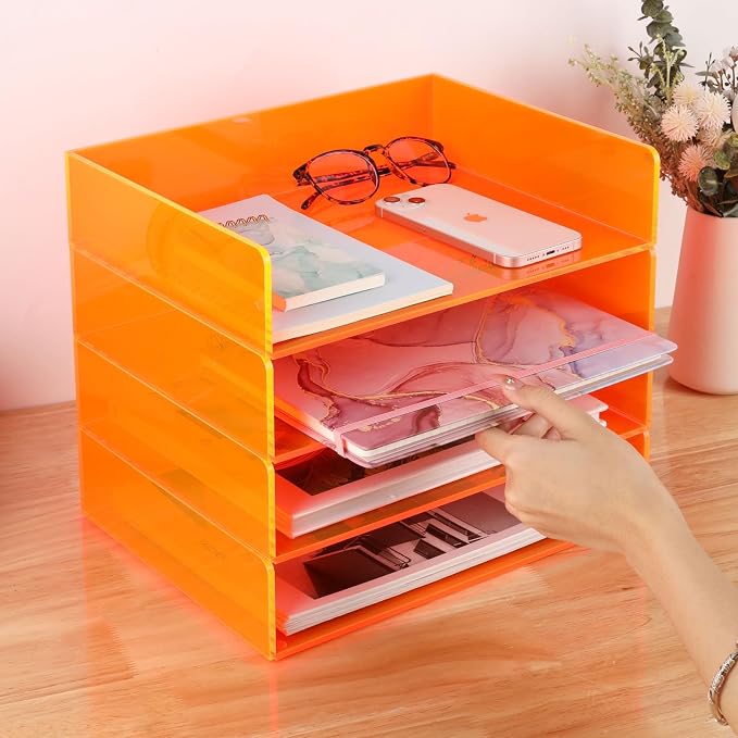 Gelite Acrylic File Organizer for Desk 4 Tiered Stackable Letter Tray Office Paper Storage Desktop Document Sorter, Neon Orange - Image 4