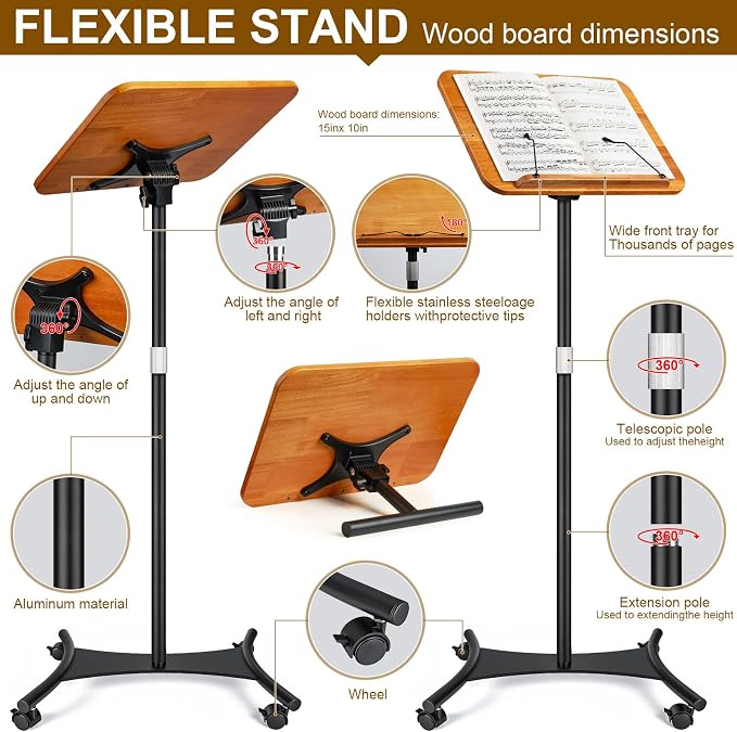 2 in 1 Dual-use Music Stand & Desktop Book Stand, Adjustable Height 16.5"-51", 100% Solid Wood Laptop Floor Stand Book Holder with Elastic Page Clips for Cookbooks (Brown-Wheeled) - Image 5