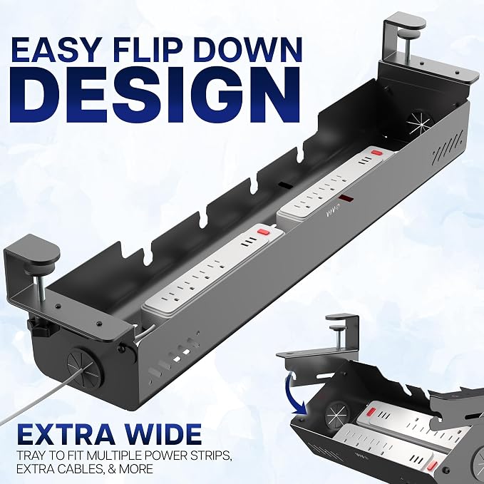 VIVO No Drill 35 inch Under-Desk Clamp-On Cable Management Box with Flip-Open Lid, Easy-to-Open Steel Cord and Power Strip Organizer, Cable Organizer Tray, 11 lbs Capacity, Black, DESK-ACMB35-C - Image 5