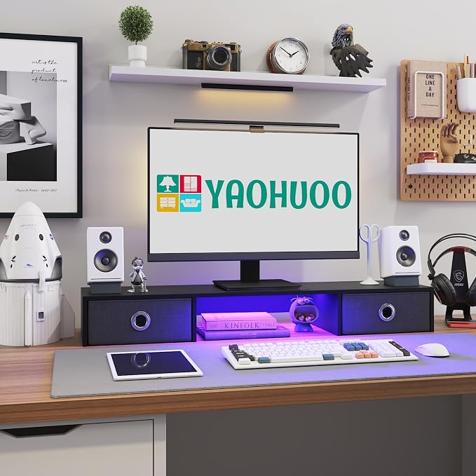 YAOHUOO Dual Monitor Stand with LED Light 2 Drawers, Computer Monitor Riser for 2 Monitors, Large Desktop Organzier with Storage for PC/Laptop/Computer/TV Screen/Printer - Image 4