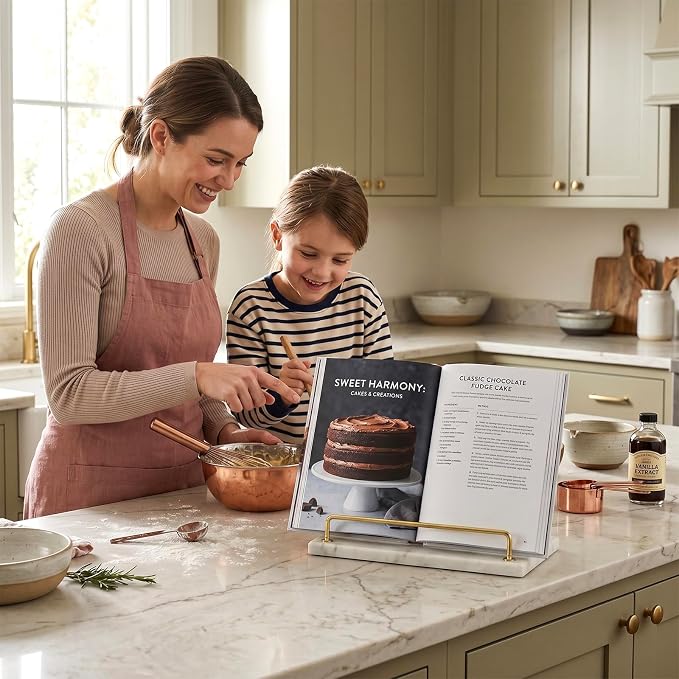 MyGift Modern Marble Cookbook Stand, Kitchen Countertop Recipe Holder Stand with Brass Tone Metal Rail - Image 2