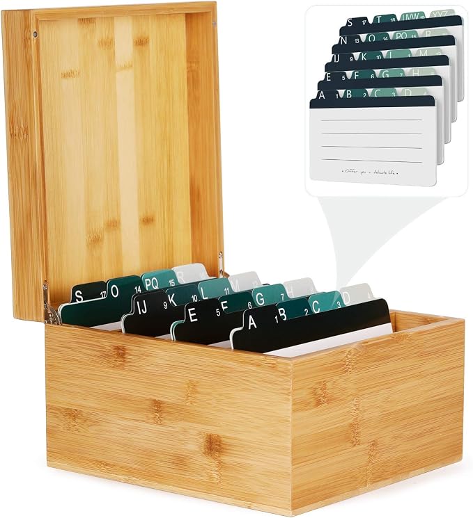 MaxGear Bamboo Business Card Organizer for 5" x 8" Cards | Index Card Holder for Desk, Index Cards Box with A-Z Tabs, Holds 600 Cards, Desktop Organizers for Home, Office by MaxGear