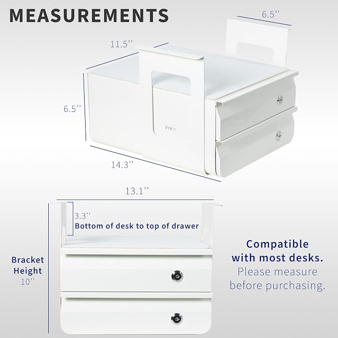 VIVO White 12 x 14 inch Under Desk Double Stacked Drawers, DESK-AC03L-2W | Sturdy Steel Design, Secure Dual Locking Drawers, Home Office Storage Organizer, Holds 11 lbs - Image 2