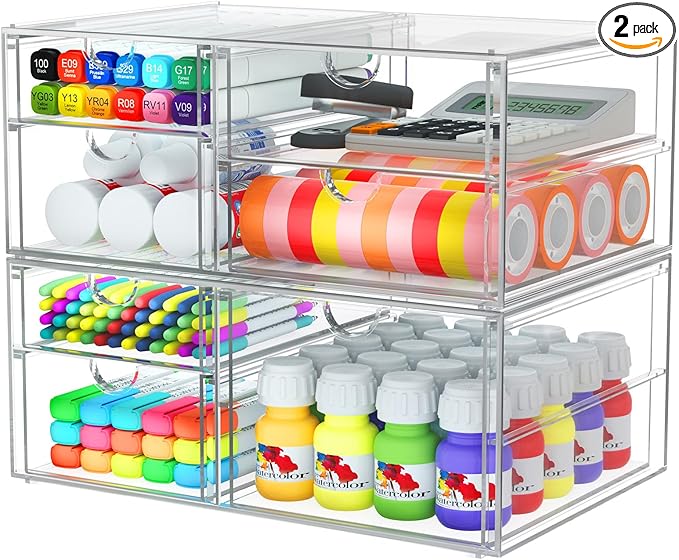 Acrylic 2-Pack 7-Drawer Makeup & Storage Organizer for Bath,Desk | Smooth-glide drawers, clear body, dustproof, wipe clean, for office supplies, pens, rings, earrings, tweezers, cotton swabs by shoeboxesanddeskorganizers