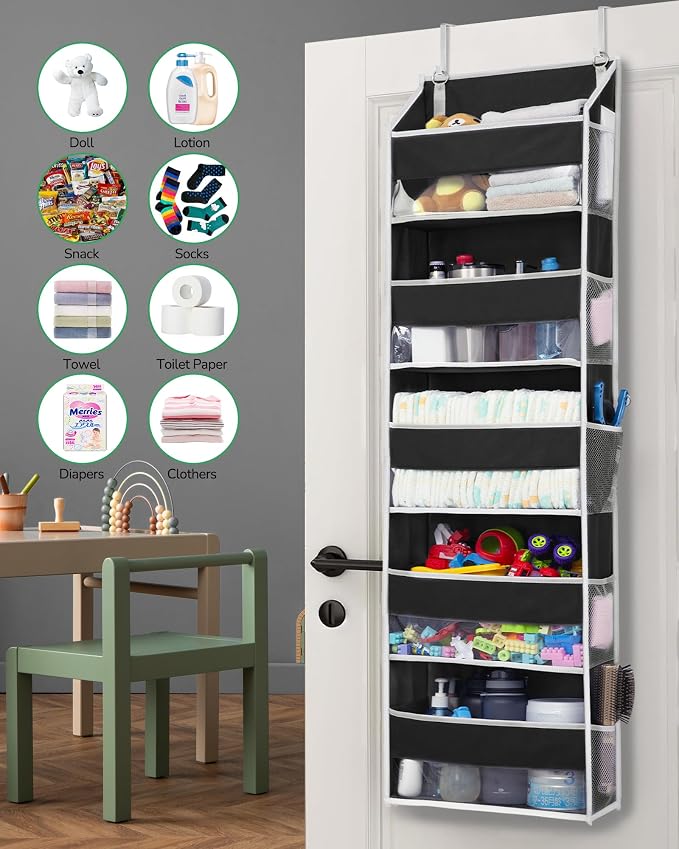 ULG 1 Pack Over The Door Organizer – 5 Shelf Door Organizer Hanging & 10 Side Pockets, Reinforced 44LB Capacity Hanging Organizer, Behind The Door Storage for Bedroom, Nursery, Pantry (Black) - Image 3