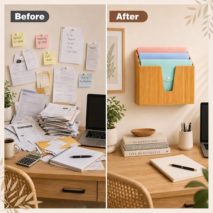 Suzile Bamboo Wall Mounted File Folder Holder Organizer, 3-tier Vertical File Organizer Wooden Sorter Rack for Office, Home, Desktop, Desk Letter Mail Document Storage, 13" x 4.5" x 11.5" - Image 3