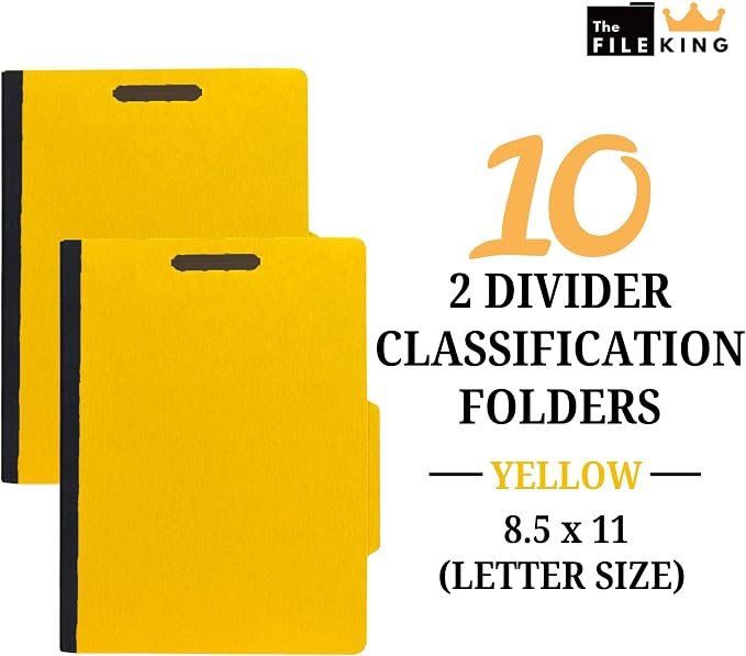 The File King Two Divider Pressboard Classification Yellow File Folder - Letter Size | Box of 10 | 2/5 ROC Top Tab | 2” Expansion | Six 2-Inch Fastener Prongs | Made in America - Image 2