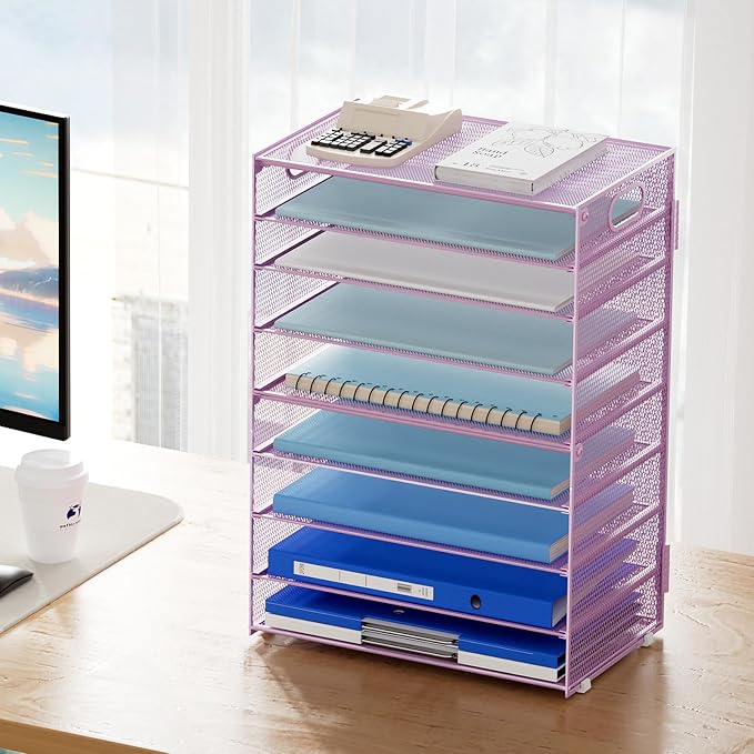 Marbrasse Paper Organizer Letter Tray, 9 Tier Mesh File Organizer with Handle, Paper Sorter Desk Organizer for Home Office Supplies - Purple - Image 6