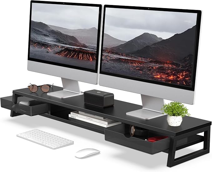 Fenge Dual Monitor Stand Riser, 42.5in Desk Shelf with 2 Drawers, Black | 2-Tier Monitor Shelf for Desk, Storage Drawer with Stopper, Frosted, fit Home Office, Ultrawide Screen, PC, Laptop, TV by Fenge
