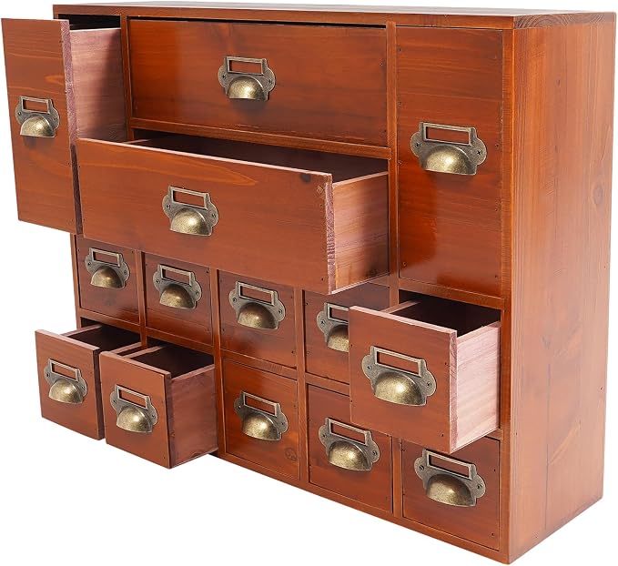 Vintage 14-Drawer Wooden Desk Organizer - Stackable Craft Storage Drawers - Rustic Desk Storage Box with Drawers - Multilevel Apothecary Cabinet - Ideal Home Office Organizers and Accessories - Brown - Image 5