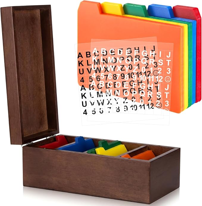 3 x 5 Inch Index Card Holder Set, Bamboo Index Cards Organizer, 50 Pcs Dividers 2 Sheets Alphabet Number Stickers File Note Holders for Office Business Classroom, Brown by Henoyso