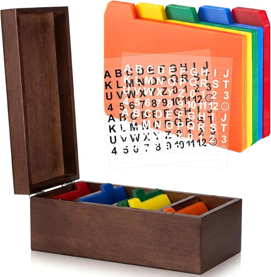 3 x 5 Inch Index Card Holder Set, Bamboo Index Cards Organizer, 50 Pcs Dividers 2 Sheets Alphabet Number Stickers File Note Holders for Office Business Classroom, Brown by Henoyso