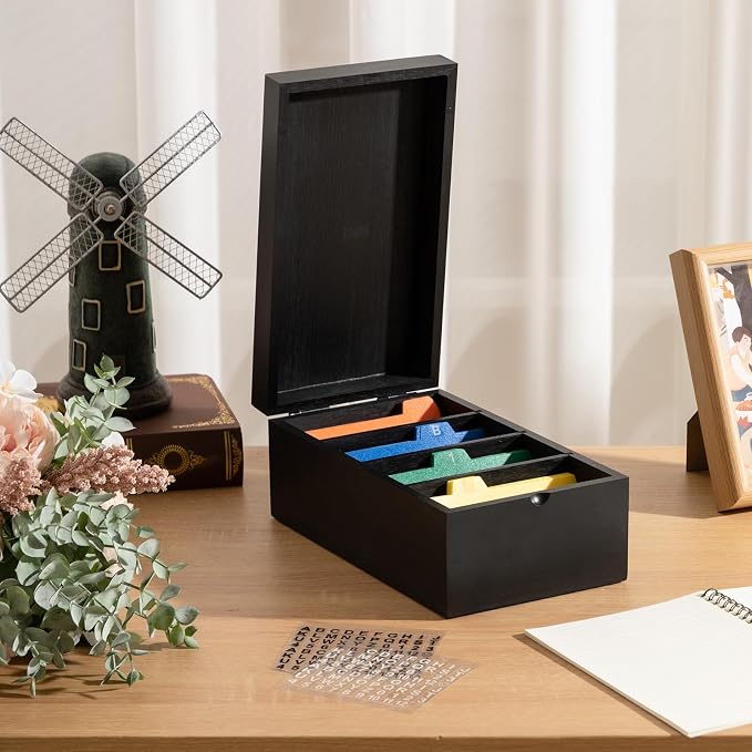 3 x 5 Inch Index Card Holder Set, Bamboo Organizer Box with 50 Dividers & 2 Sheets Alphabet Number Stickers File Note Holders, Holds 1200 Cards for Office Business Home Kitchen, Black - Image 5