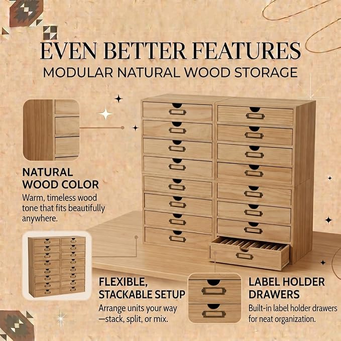 Apothecary Stackable Modular Storage Drawers, Wooden Desktop Organizer for Organization and Decluttering, Multi-Drawer Cabinet for Office Supplies, Crafts, Makeup, Kitchen Counter and Small Spaces - Image 3