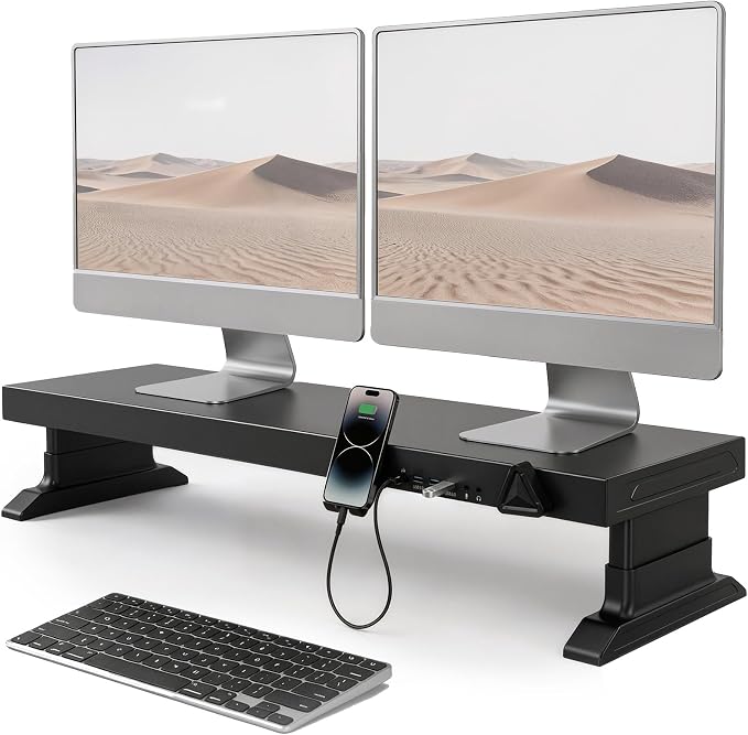 Height Adjustable Dual Monitor Stand Riser with 6-Port USB Hub, Black | Fits Dual 27" Monitors, Charge & Sync Multiple Devices, Ergonomic Height, Solid Steel Material, Cable Management, Quick Setup by Unknown