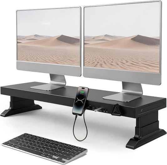 Height Adjustable Dual Monitor Stand Riser with 6-Port USB Hub, Black | Fits Dual 27" Monitors, Charge & Sync Multiple Devices, Ergonomic Height, Solid Steel Material, Cable Management, Quick Setup by Unknown
