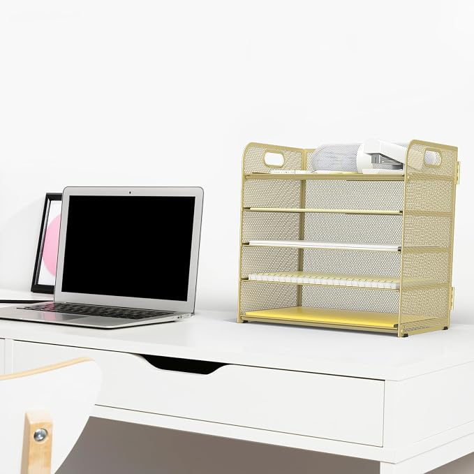 Sinboun Letter Tray Paper Organizer 5-Tier Desk Organizer File Organizer Paper Holder with Handle, Metal Desktop Document Shelf Tray Office Classroom Organization - Gold - Image 4