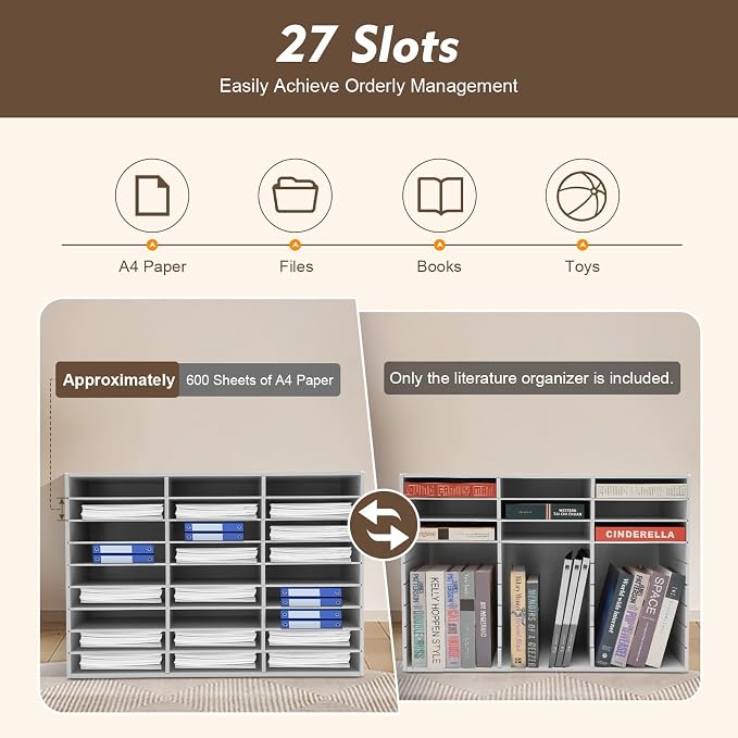 Desktop Literature Organizer, 27 Slots Compartment Adjustable File Sorter Mail Center Magazine Holder, Paper Storage Cabinet Classroom Keepers for Classroom, Office, School, Home Load, White - Image 5