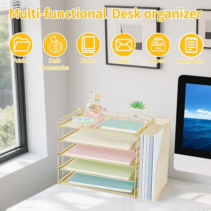 AUPSEN Gold Desk Organizers and Accessories, 5-Tier Desktop Paper File Organizer with Removable File Holder, Desk Accessories & Workspace Organization for Home Office Supplies (Gold) - Image 4