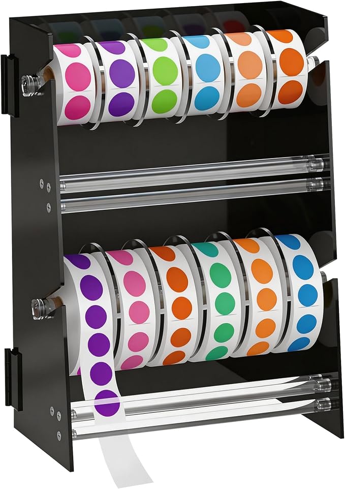 Acrylic Sticker Dispenser, Label Dispenser, Sticker Roll Holder | Double-Layer Design, 12 Roll Capacity, Adjustable Dividers, Easy Visibility, Ideal for Office, School, Craft Rooms & Home by SimuPurol