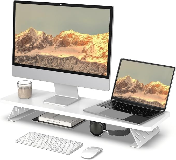 Fenge Monitor Stand Riser, Wooden & Metal Desk Shelf Organizer, White | 31.5in Computer Stand, Single Monitor Setup, for Compact Work Station, Multifunctional Monitor Shelf for Laptop, PC, Printer by Fenge