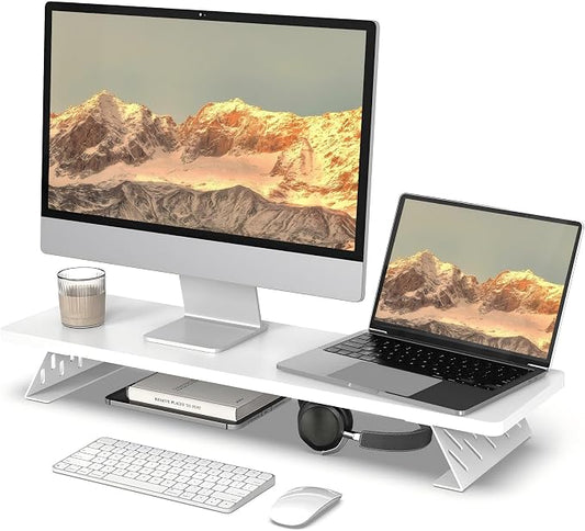 Fenge Monitor Stand Riser, Wooden & Metal Desk Shelf Organizer, White | 31.5in Computer Stand, Single Monitor Setup, for Compact Work Station, Multifunctional Monitor Shelf for Laptop, PC, Printer by Fenge