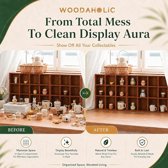 48-Compartment Wood Trinket Shelf, 4-Pack Stackable Cubby Curio Cabinet, Wall Mounted or Freestanding Display Shelf for Figurines, Miniatures, Shot Glasses, Knick Knacks & Small Collectibles - Image 9