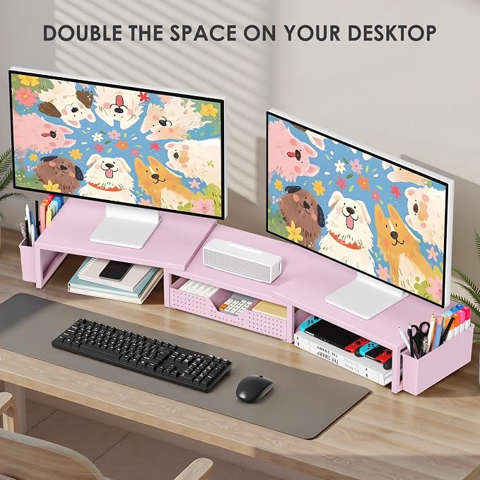 Desk Organizers and Accessories, Dual Monitor Stand Riser with Drawer and 2 Pen Holders, Desk Shelf Computer Racks for Office Workspace Organizers, Desktop Organization (Pink) - Image 4