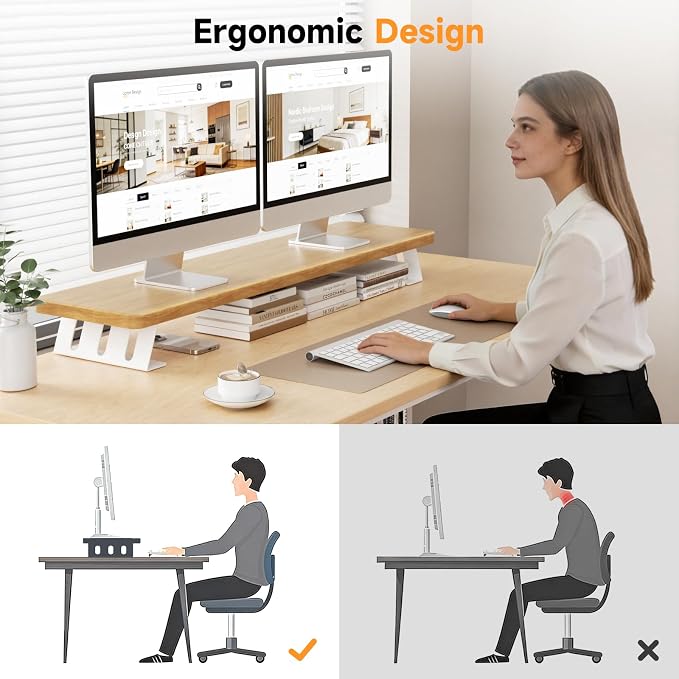 Dual Monitor Stand Riser, 39 Inch Large Wood Monitor Stands for 2 Monitors | Desk Monitor Riser for Computer/Laptop/Printer/TV, Stand Riser up to 220 lbs, Oak - Image 6