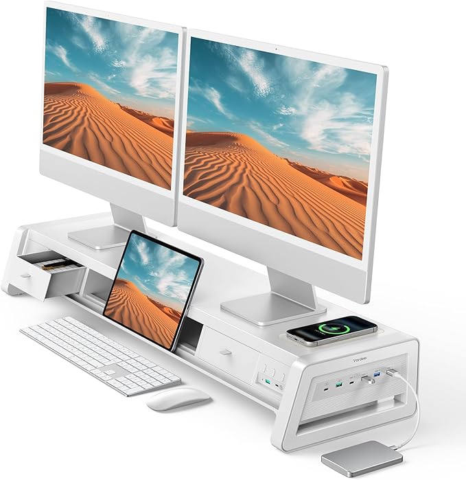 Vaydeer All-in-One Dual Monitor Stand Riser with 2 Drawers, 8USB Ports and Wireless Charging Pad with LED Light Strip for 2 Monitors , Desk Organizer for PC, iMac (Metal, 39.3 inches)-White by Vaydeer