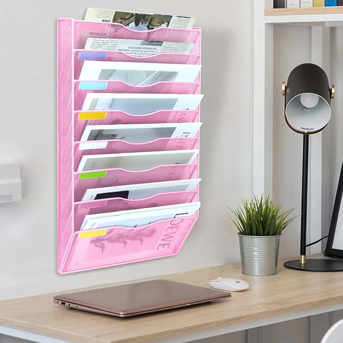 8 Pockets Mesh Wall File Holder Organizer Office Hanging File Folder Magazine Rack, Nametag Label Hooks Set Included (Pink) - Image 7