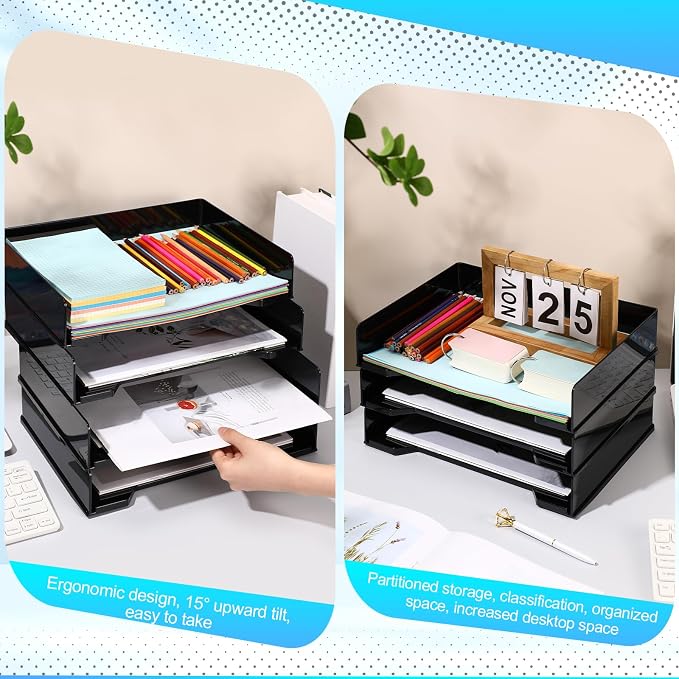 DoubleFill 4 Pcs Stackable Letter Tray Rectangular Plastic Desk Organizer 13 x 9.5 x 2.6 in Paper Holder File Tray Accessories Rack for Desktop Office Desk Drawers (Black) - Image 6