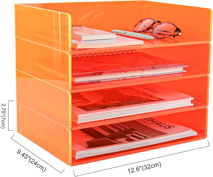 Gelite Acrylic File Organizer for Desk 4 Tiered Stackable Letter Tray Office Paper Storage Desktop Document Sorter, Neon Orange - Image 2