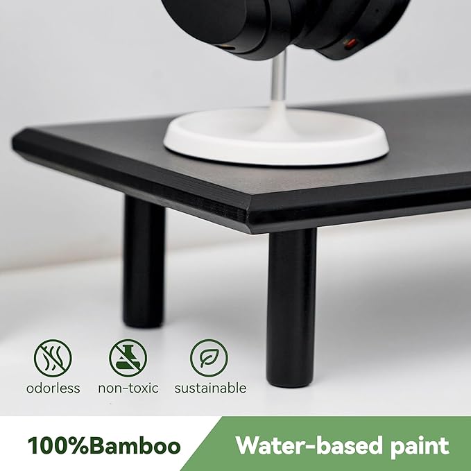 Bamboo Dual Monitor Stand Riser, Black Desk Shelf with Storage | 39.37-Inch Wide, 3.5-Inch Clearance, Fits Keyboards, Soundbars and Two 24-Inch Monitors for Home Office - Image 3