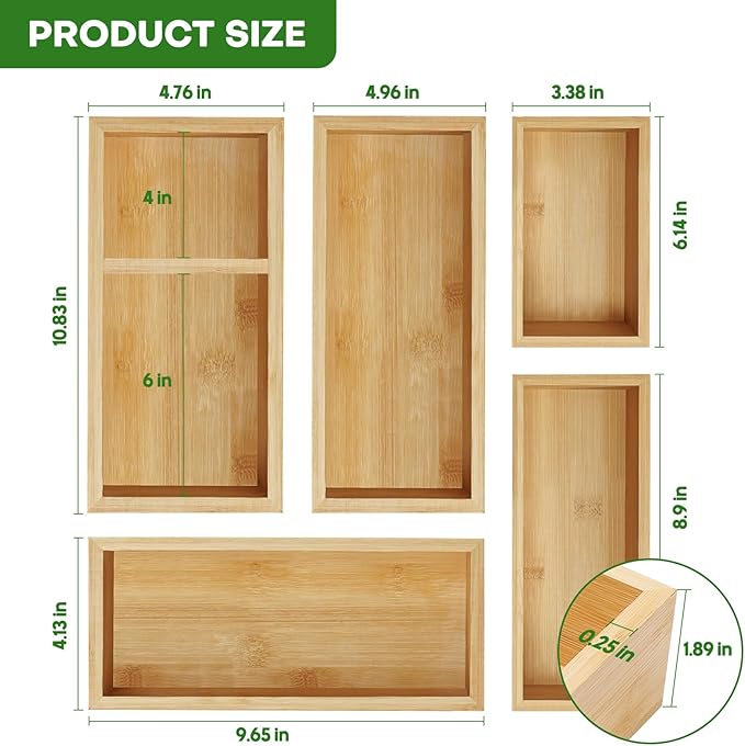 MapleGrace Bamboo Drawer Organizer Set, Individual Wood Storage Organizers | 5 PCS Multi-Use Junk Drawer Divider, Storage Trays Containers for Kitchen, Bathroom, Office Desk, Makeup, Jewelry, Utensils - Image 3