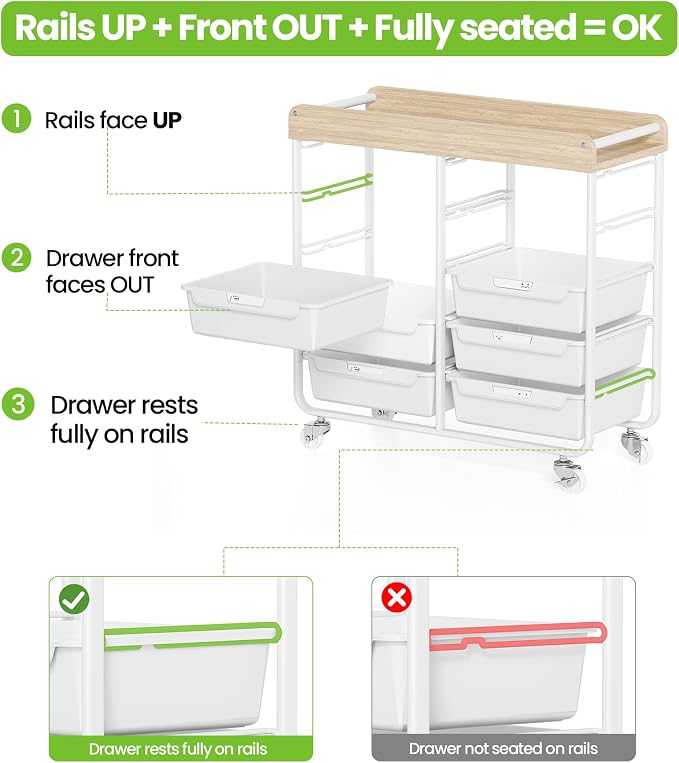 10 Drawers Rolling Cart with Wooden Tabletop, Utility Storage Cart with Wheels, Art Supply Craft Organizer on Wheel with Metal Frame & Handles for Home Office School (Pure White) - Image 7