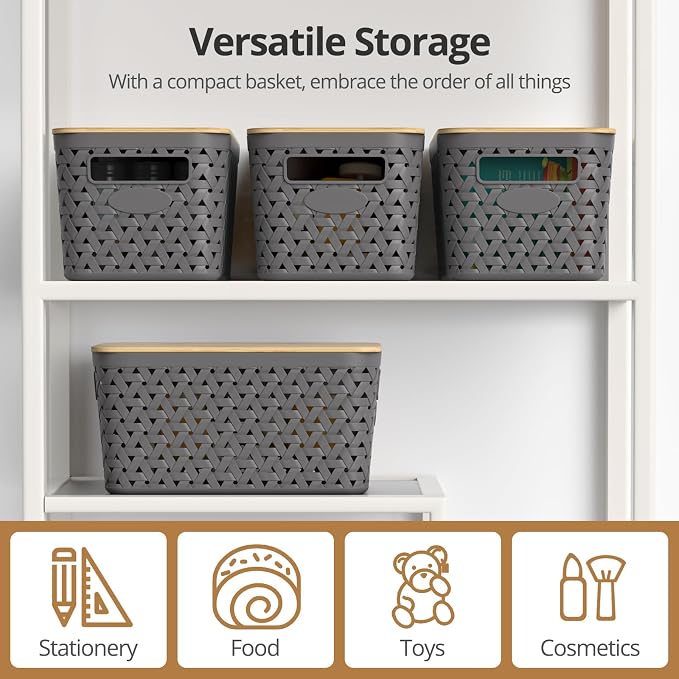 Plastic Storage Bins with Bamboo Lids, Stackable Small Box Baskets for Organizing and Containers for Shelves Drawers Desktop Closet Pantry Classroom Office Home, 4 Pack 12x7.3x6.2 Inch, Gray - Image 5