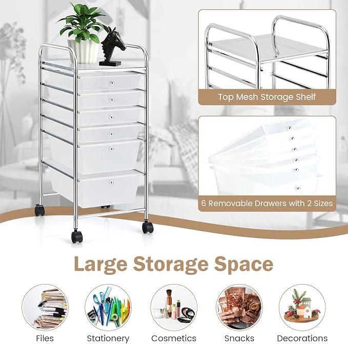 COSTWAY 6-Drawer Rolling Storage Cart, Art Craft Tools Organizer on Wheels | Multifunctional Heavy Duty Utility Mobile Storage Trolley w/ 2 Lockable Wheels for Home Office School (Clear) - Image 4