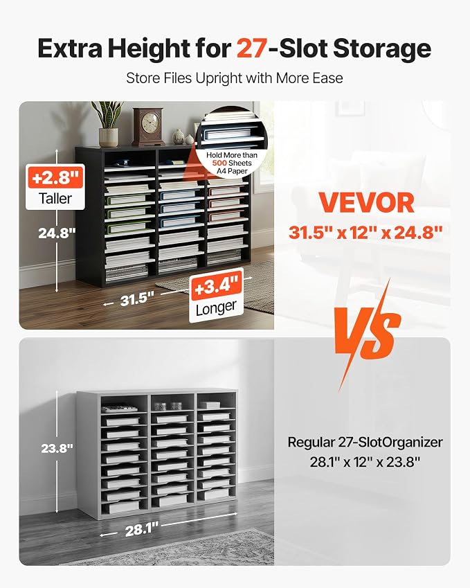 VEVOR 27 Compartments Wood Literature Organizer, Adjustable Shelves, Medium Density Fiberboard Mail Center, Office Home School Storage for Files, Documents, Papers, Magazines, Black+White - Image 2