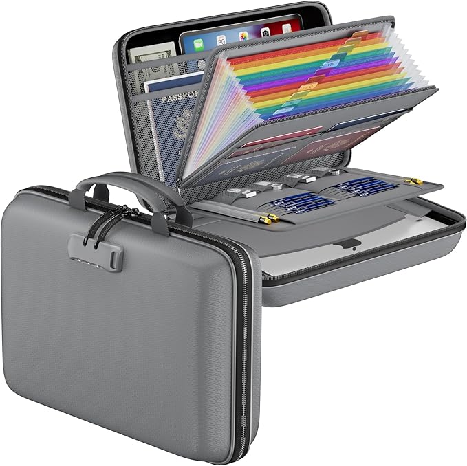 DocSafe Fireproof File Organizer with Lock, Hard-Shell Case Fireproof Document Box with 13 Pocket Accordion File Folder, Portable Home Office Travel Safe Storage for Important Documents Laptop Gray by DocSafe
